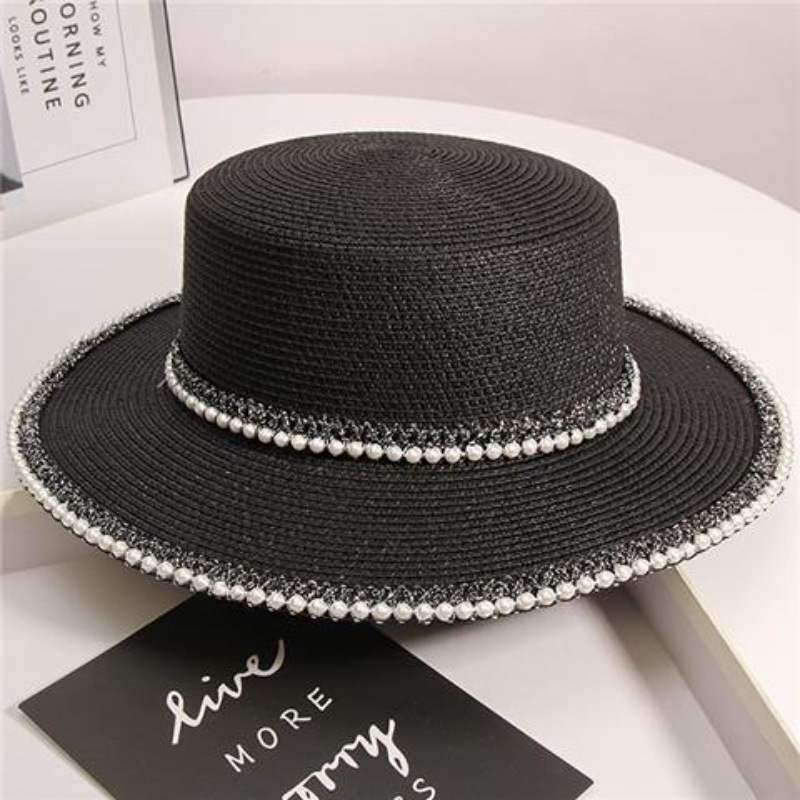 New French Style Wide Brim Straw Sun Hat with Pearl Trim
